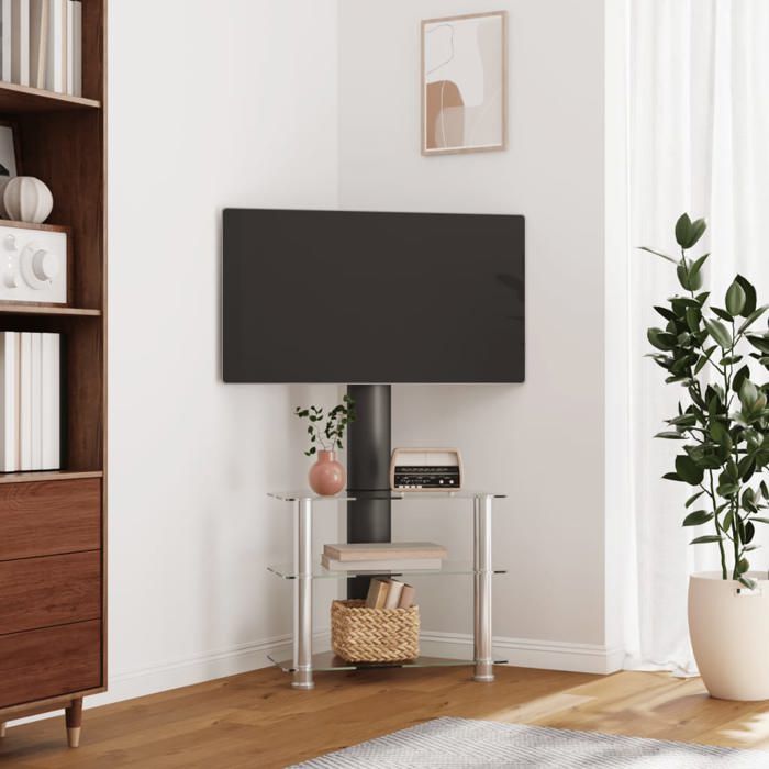 chic armoire télévision moderne meuble tv d'angle 3 niveaux pour 32-70 pouces noir et argenté fr42655