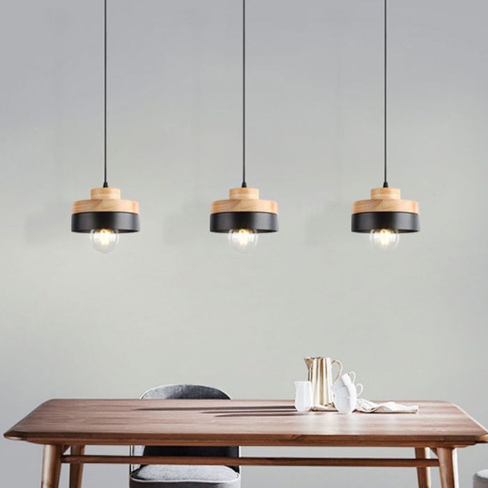 SNOGOLD Suspension Moderne Rond en Bois et Métal Noir E27 Lustre Luminaire Éclairage de Plafond pour Maison Salon et Chambre