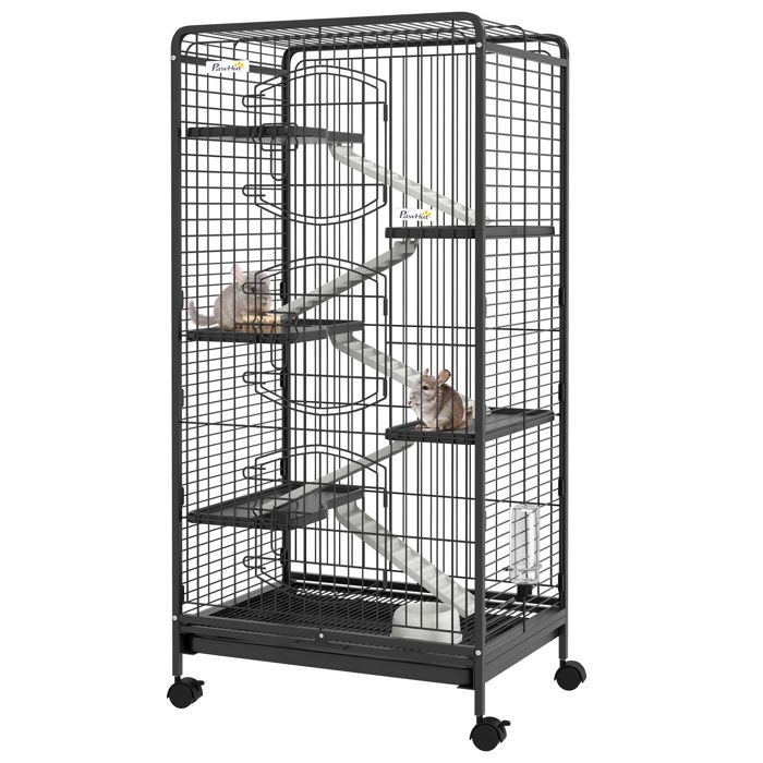 Comparer les prix de Cage pour Petits Animaux PawHut Roulante 5 Rampes 5 Plates-formes Plat et Bouteille d'Eau 250 ml Bac Inférieur Amovible