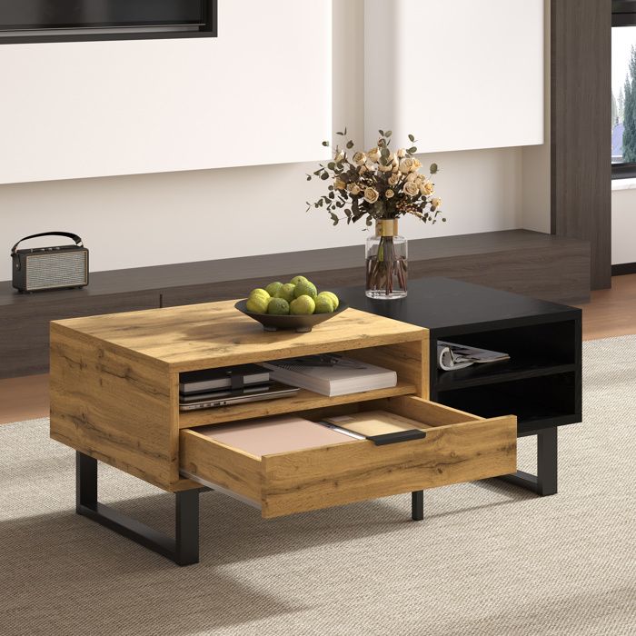 Table Basse SalonAvec Compartiments et tiroirTable de théStyle industrielPieds en Métal 100x50x40cm Bois