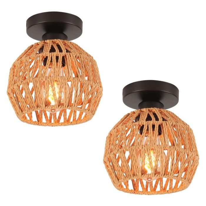 iDEGU 2pcs Plafonnier Vintage Lustre Industrielle en Rotin Lampe de Plafond Abat-jour Design Cage pour Salon Chambre