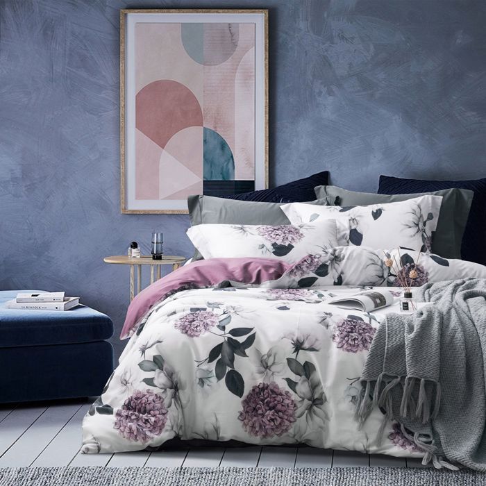 Parure de Couette Coton MILDLY - Housse de Couette 200x200 cm + 2 Taie doreiller 65x65 cm - Parure de Lit Motif Violet Hortensia