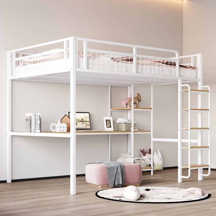 Lit mezzanine adulte en métal 140x200 cm Lit enfant avec bureau étagères de rangement échelle et sommiers à lattes - blanc