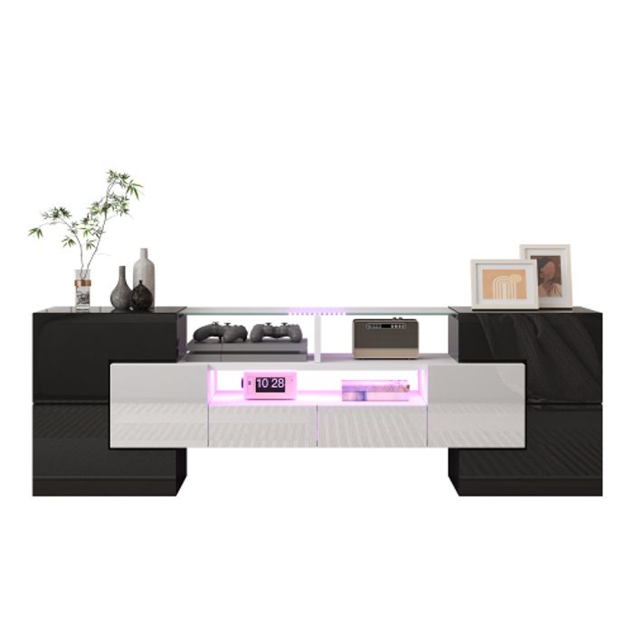 Meuble TV bas élégant de salon– style moderneBlanc brillant éclairage LED-surface de verre élégante-L145 x P30 x H51 cm
