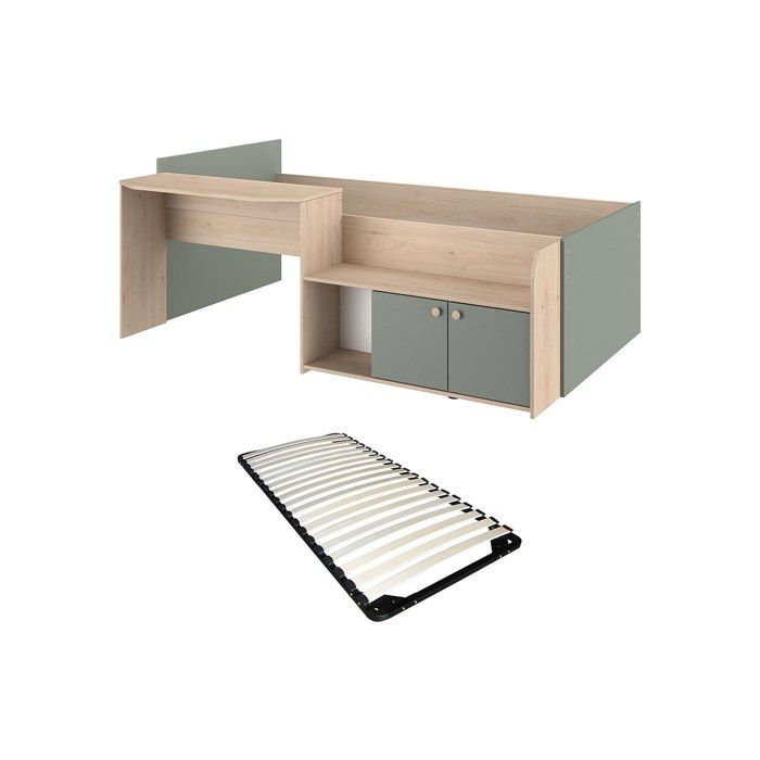 Lit combiné 90 x 190/200 cm - Coloris : Naturel et vert + Sommier - MIVONA Lit combiné 90 x 190/200 cm - Coloris : Naturel et vert + Sommier - MIVONA