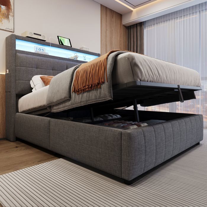 Lit Adulte Coffre 140×200 cm - Cadre de Lit - éclairage LED et Prise USB - Rangements - Sommier Inclus - Lin Gris