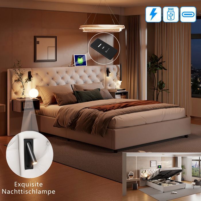 Lit coffre 160x200 cm avec rangement - 2 tables de chevet + Dossier larges - LED et USB Type C - Sommier à lattes - velours beige