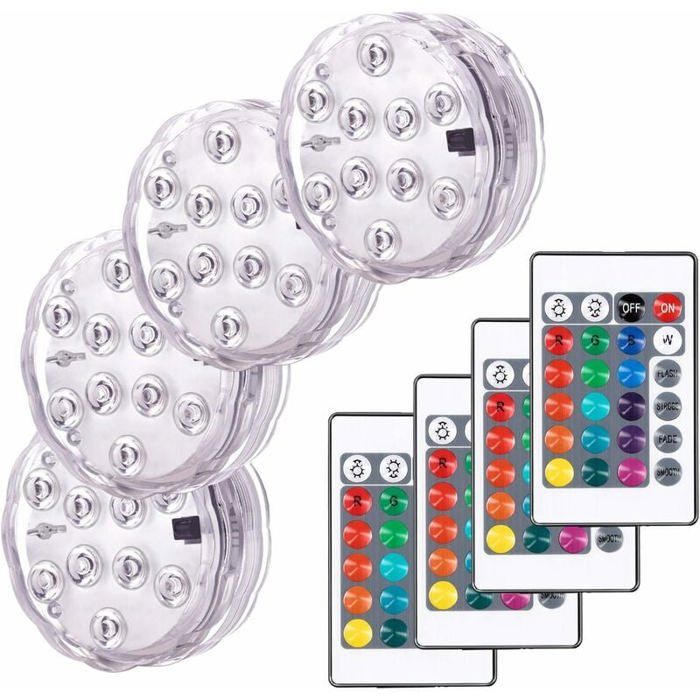 Comparer les prix de Lot de 4 lumières LED submersibles multicolores RGB étanches avec télécommande pour aquarium et jardin Odipie