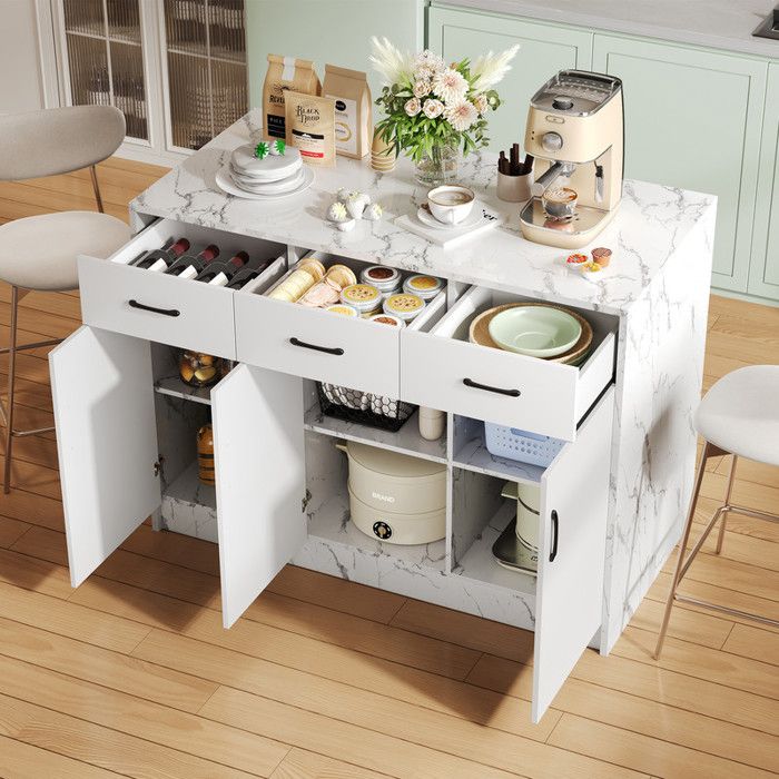 Buffet bas 120x60x90.5 cm avec 3 tiroirs et 3 portes Buffet de cuisine avec étagères réglables Buffet salle a manger en blanc