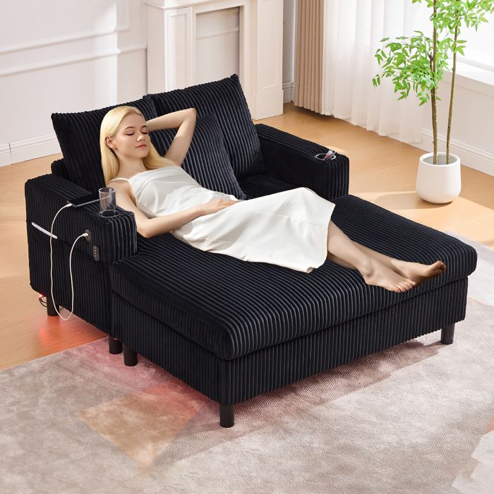 Fauteuil Relax avec éclairage LED RGB Canapé-lit pour salon avec ports USB et porte-gobelets intégrés - velours côtelé - noir Fauteuil Relax avec éclairage LED RGB Canapé-lit pour salon avec ports USB et porte-gobelets intégrés - velours côtelé - noir