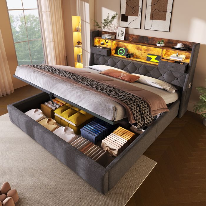 Lit 160x200 avec Sommier à lattes Lit Coffre avec LED et Port USB/Type-C Cadre de lit 2 place Tête de lit tiroir en tissu GRIS
