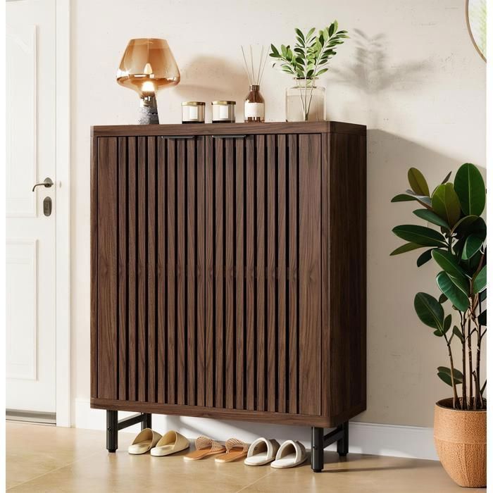 Armoire à chaussures rétro à 6 niveaux pour chambre à coucher couloir salon 24 paires avec portes étagères réglables-Noyer