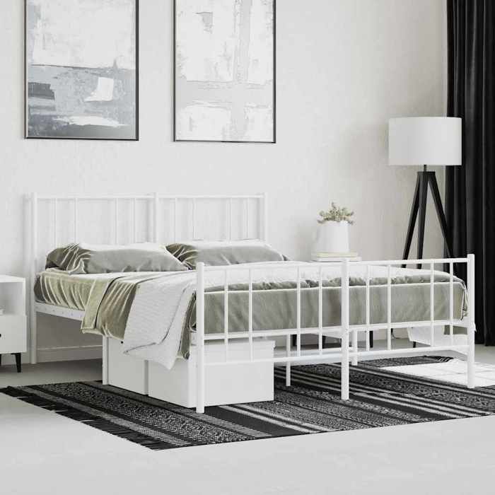 Cadre de lit double en métal - MEUBLECHIC - 160x200 cm - Blanc - Acier robuste - Tête de lit intégrée
