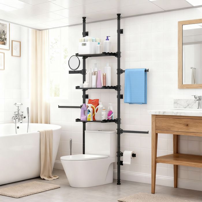 Étagère 4 Niveaux Réglable Sans Perçage Au-Dessus des Toilettes ou Derrière Machine à Laver – Acier Renforcé Hauteur 75 à 132 cm