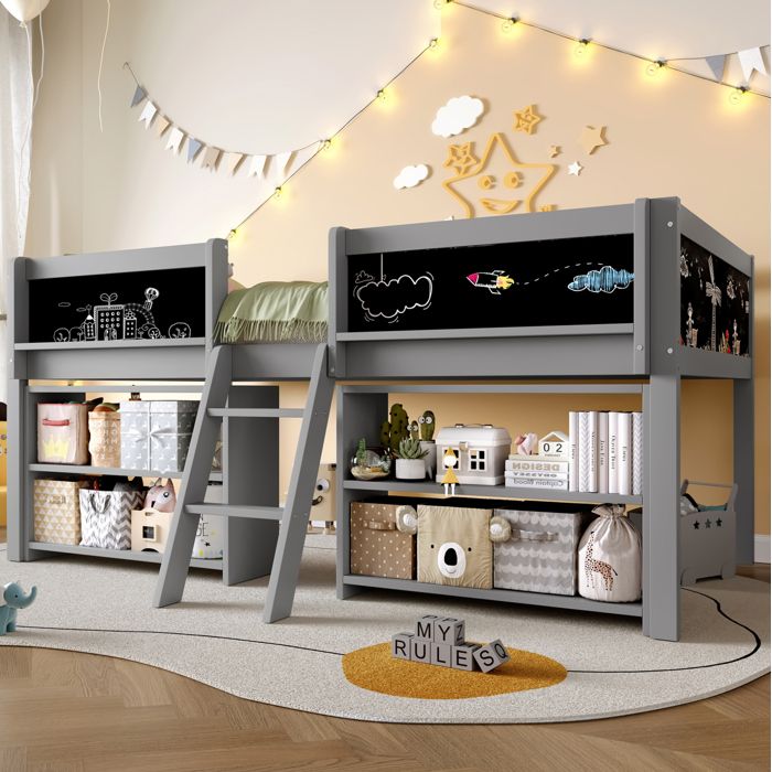 Maisentiel Lit mi-hauteur enfant gris 90 x 200 cm avec rangements échelle barrières et tableau