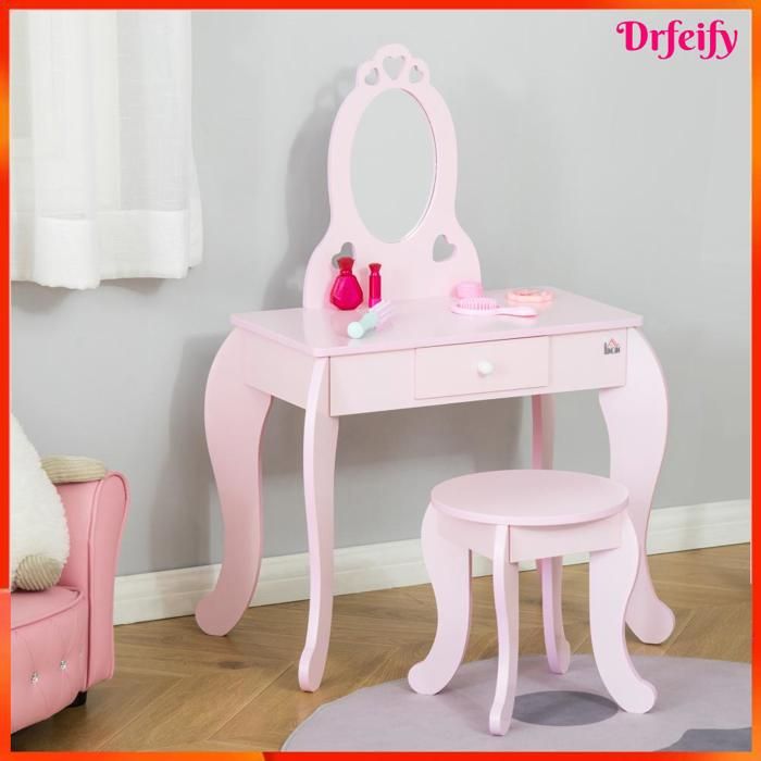 Coiffeuse enfant - AKOZON - Design Girly - Rose - Miroir ovale - Tabouret inclus