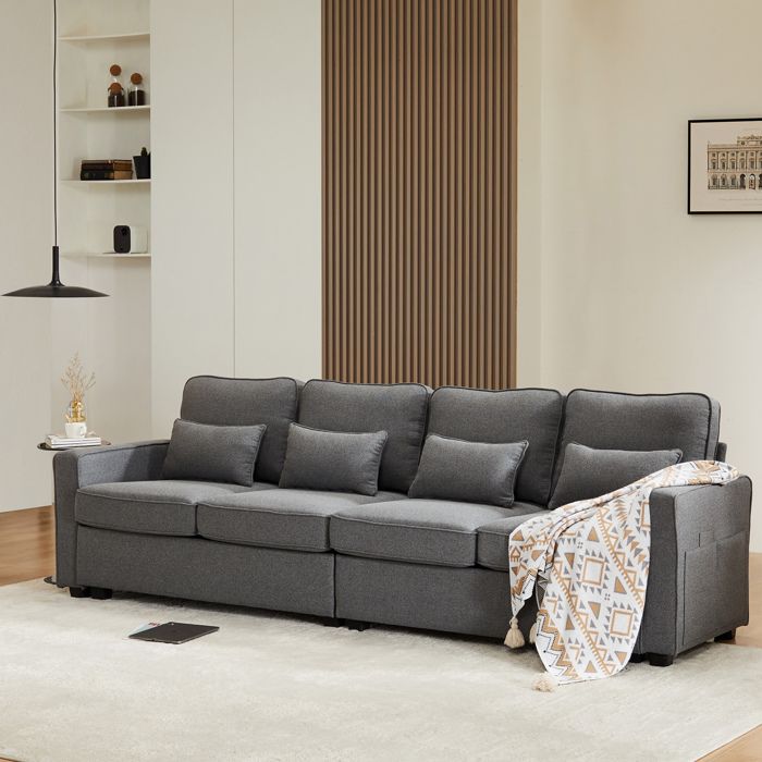 Canapé 4 places gris foncé 264 x 83 x 87 cm en lin avec poches de rangement et 4 coussins