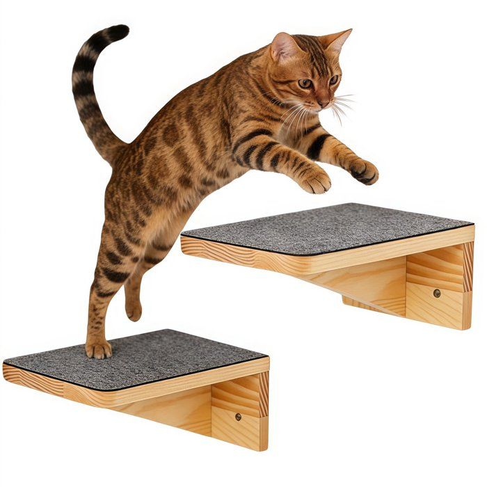 Étagère murale pour chat - DEMA - Lot de 2 étagères - Dimensions 25x15x95 cm - Bois naturel - Fixation murale