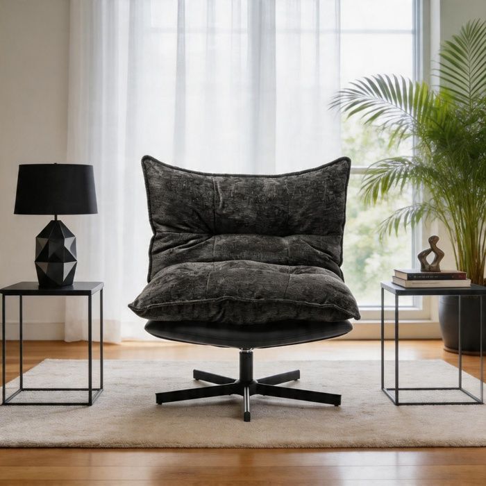 Fauteuil relax pivotant - 3 positions (95°/110°/125°) - Mousse à mémoire - Tissu chenille - Base métal 360°