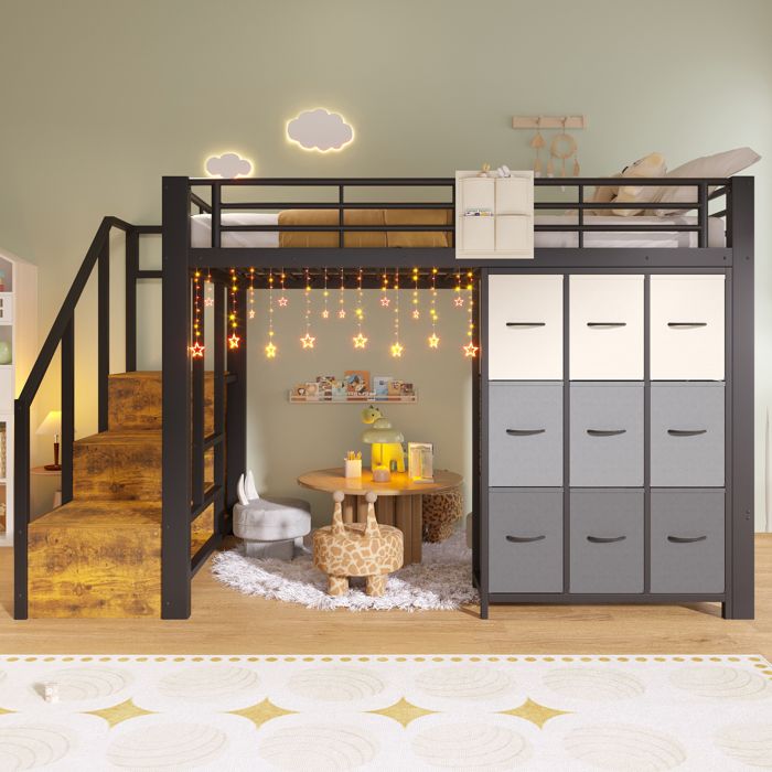 Hochbett 140×200 cm Metall mit Schubladen Kleiderstange Geländer Treppe mit Stauraum Schwarz