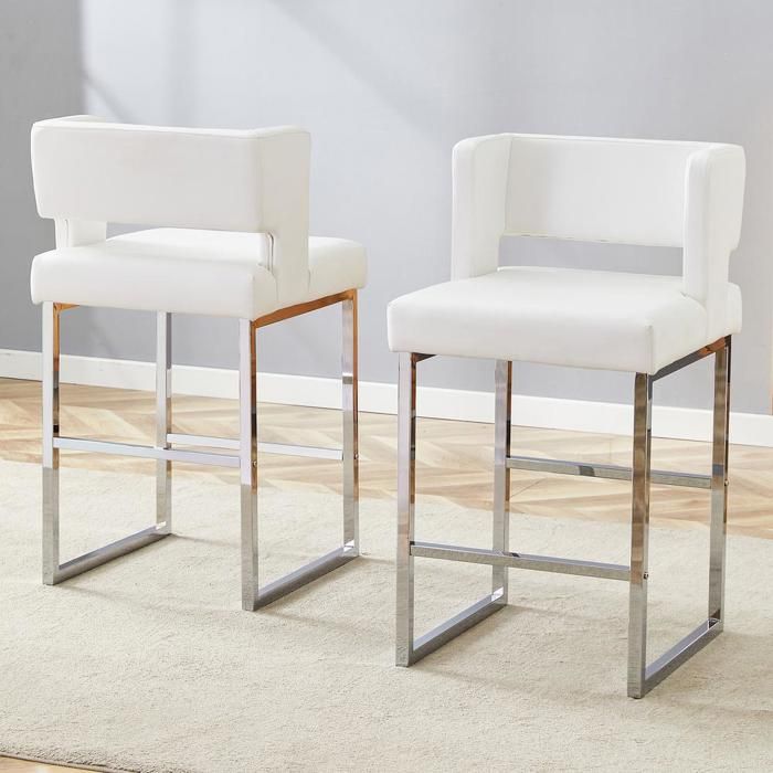 Tabouret de bar - KOMHTOM - style nordique - siège rembourré PU - pieds métal argenté - lot de 2 Tabouret de bar - KOMHTOM - style nordique - siège rembourré PU - pieds métal argenté - lot de 2
