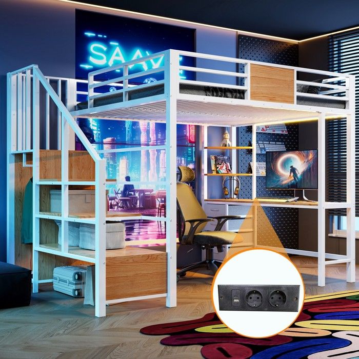 Lit mezzanine enfant 2 places 140×200cm Lit double métal avec LED bureau 4 tiroirs étagères armoire échelle de rangement - blanc