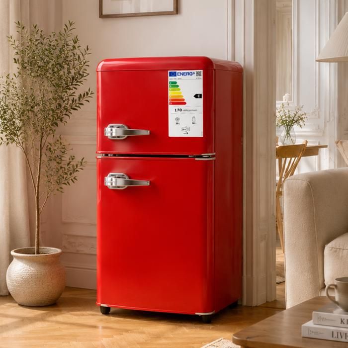 Réfrigérateur 2 Portes 86 L avec Congélateur et R600a - Frigo Silencieux 45 dB - Thermostat de 7 Niveaux- Gain de place -Rouge