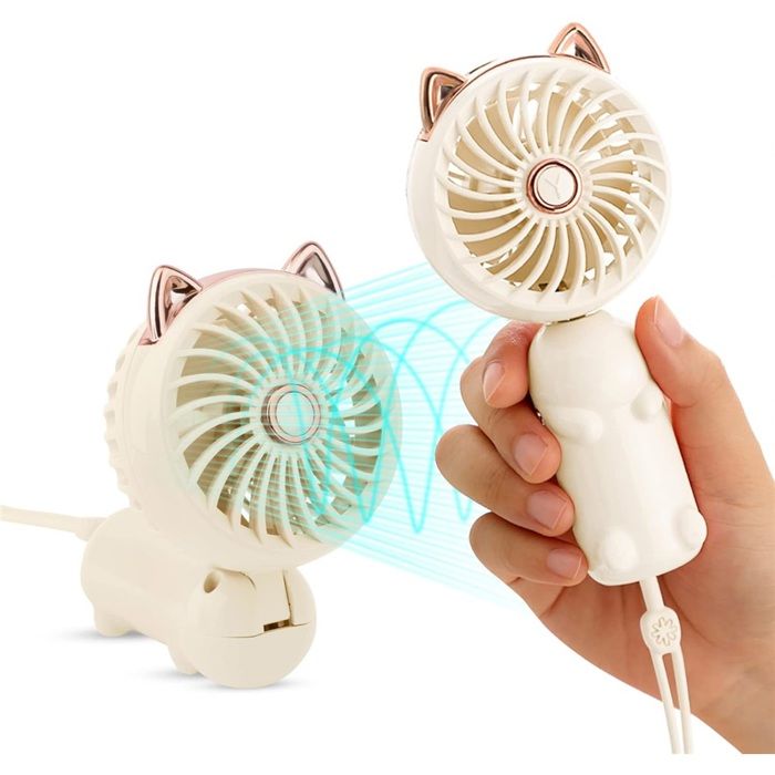 Mini ventilateur portable avec batterie rechargeable et 3 vitesses électrique personnel pour filles/femmes/enfants-blanc cassé