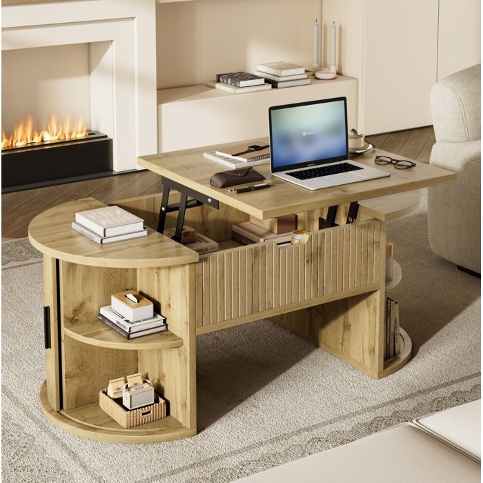 MEUVYX Table Basse Relevable Ovale 2 Portes Coulissantes Étagères Ouvertes en MDF Chêne 100 × 50 × 405 cm