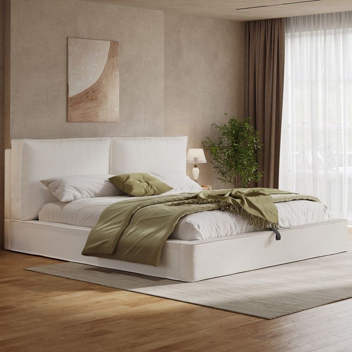 lit adulte lit coffre rangement 180x200 bouclé beige avec tête de lit rembourrée sommier inclus chambre EVRYAE