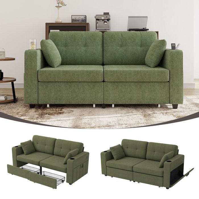 Canapé deux places avec rangement - Olive - Chenille - 172x75x82 cm - 42.4 kg - Tiroirs de rangement - Ports USB