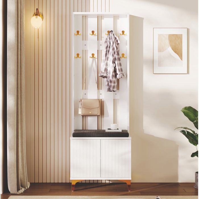 Meuble dentrée vestiaire avec banc coussin gris crochets dorés portes push-to-open blanc 60 5x35 2x180 5 cm ORVRYN