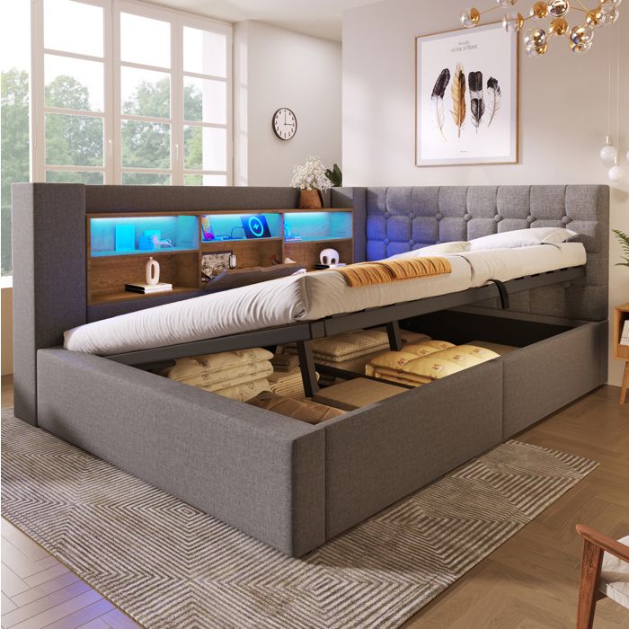 JOINERY lit adulte coffre 140 x 190 rangement LED tête de lit en L réversible lin gris sommier à lattes USB C