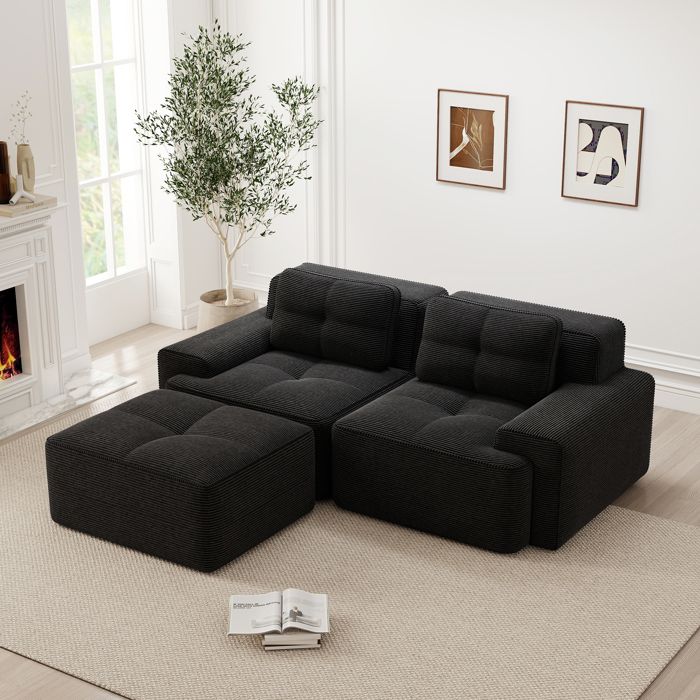 Canapé modulaire L 2 places en velours côtelé sofa relax moderne assise profonde 74cm avec ottoman - structure sans armature - noir Canapé modulaire L 2 places en velours côtelé sofa relax moderne assise profonde 74cm avec ottoman - structure sans armature - noir