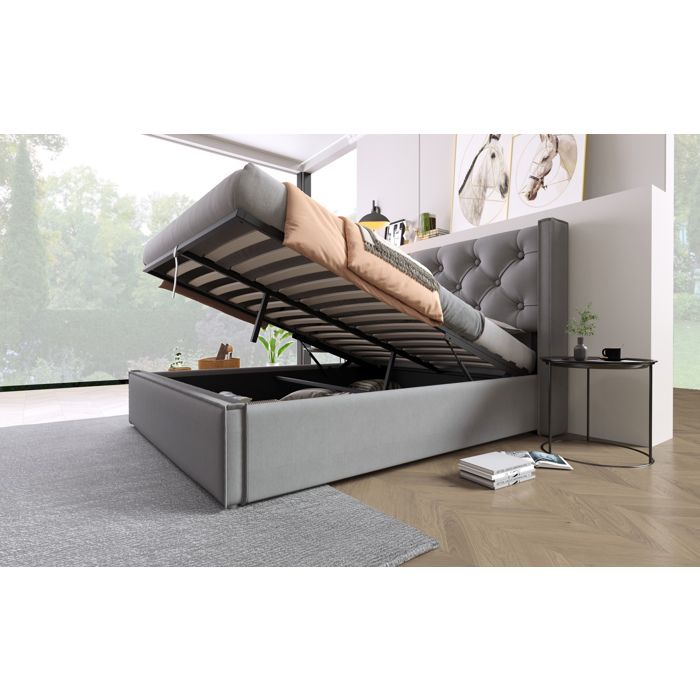 HOMVRA Sommier coffre 160x200 cm gris capitonné relevable avec structure métal et lattes en pin