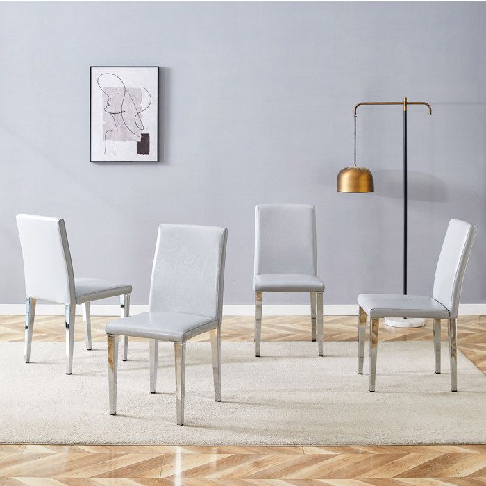 Lot de 4 chaises de salle à manger modernes 41 x 47 x 90 cm en simili cuir PU gris clair avec pieds métal argentés
