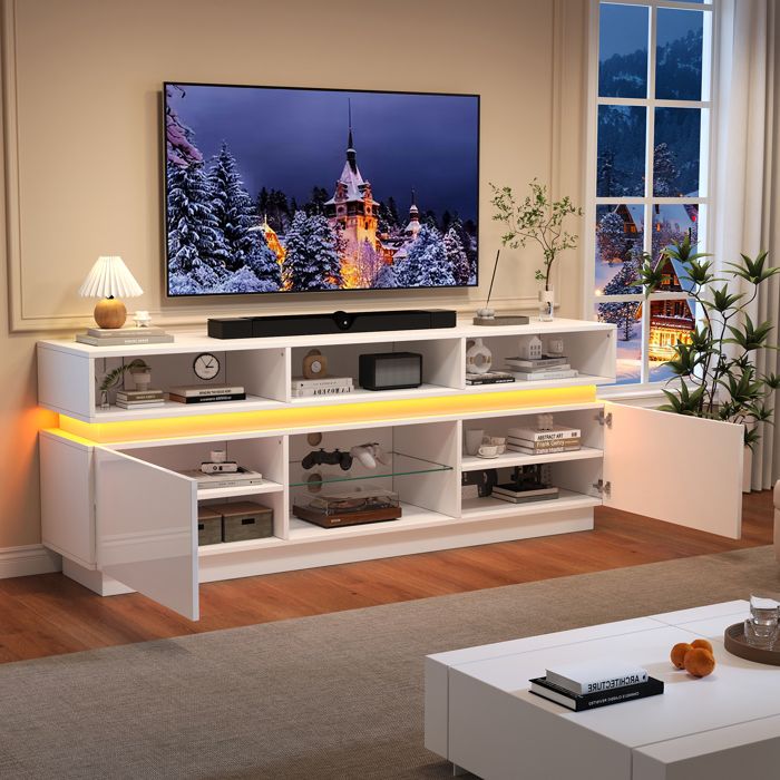 Meuble TV 160 cm avec 10 compartiments LED et plateau en verre trempé - TCQPZ - Salon MDF Blanc 160×35×60 cm