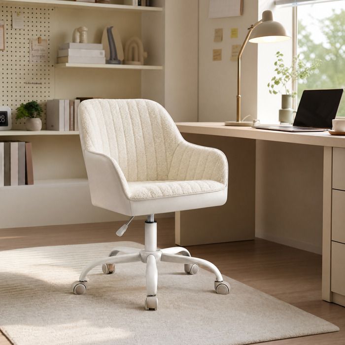 Fauteuil de bureau Hauteur Réglable en Tissu Doux et PU pour Bureau Beige et Blanc