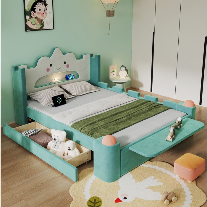 MEUBLIV Lit enfant rembourré nuage 140x200 cm velours bleu vert LED USB tiroir et tablette rabattable
