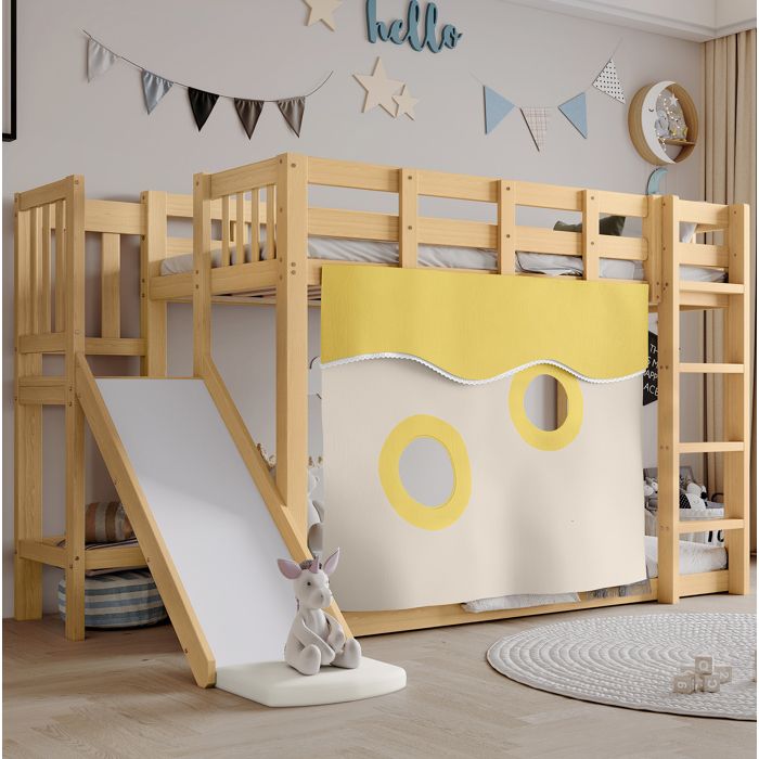 Lit surélevé enfant 90 x 200 cm avec toboggan rideau et barrières de sécurité en pin et MDF naturel