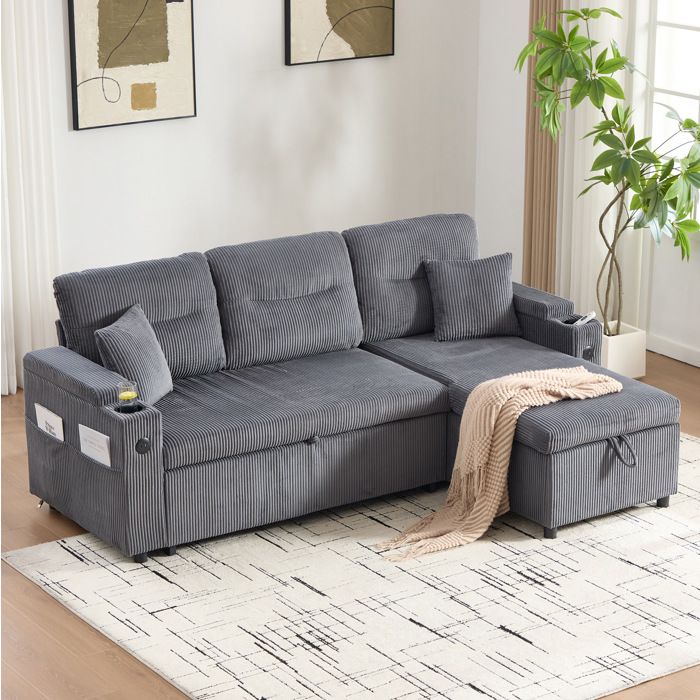 Canapé d’angle convertible 3 places AESVAR avec méridienne à droite rangement USB-C velours côtelé gris carbone