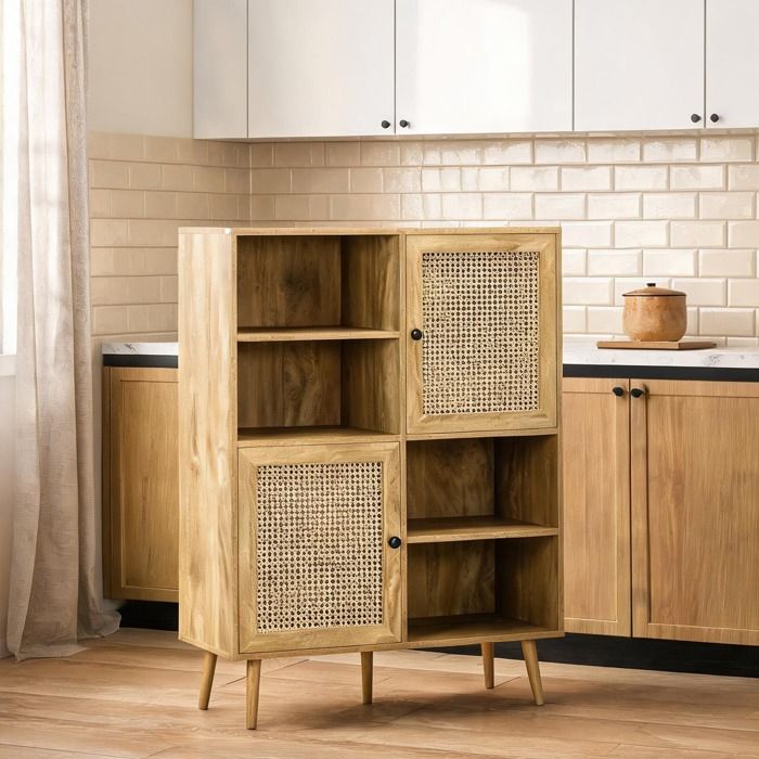 Buffet en panneaux de particules aspect chêne et portes cannage rotin 90x32 5x120 cm