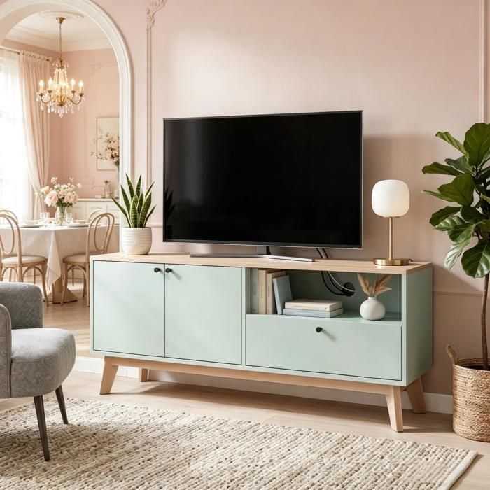 Meuble TV bas 120 cm pour téléviseur jusqu’à 36 pouces 2 portes 1 tiroir niche ouverte et passe-câbles Vert clair et effet chêne