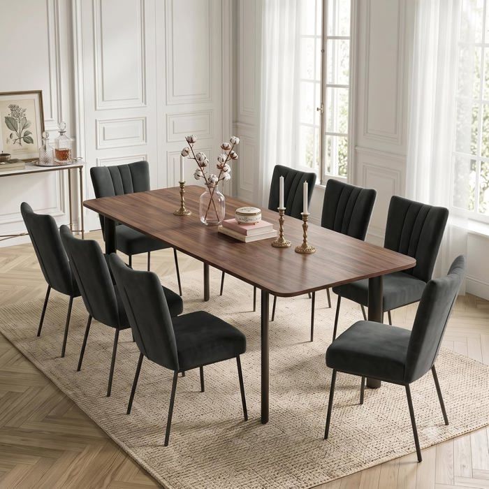 JIEXI Ensemble table de repas extensible noyer avec 8 chaises rembourrées velours noir pour salon et bureau