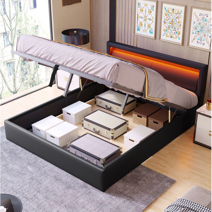 VEVXYN lit adulte coffre rangement 140 x 190 cm sommier à lattes inclus tête de lit LED similicuir PU noir MDF 2 places