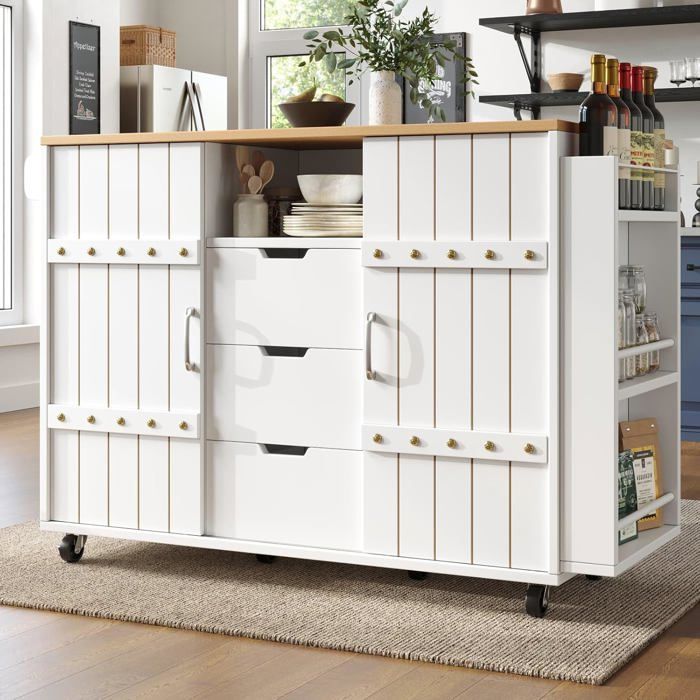 Desserte Cuisine à roulettes-Buffet Cuisine de Rangement avec Plateau de Table Pliable-3 Tiroirs et 2 Portes coulissantes-Blanc