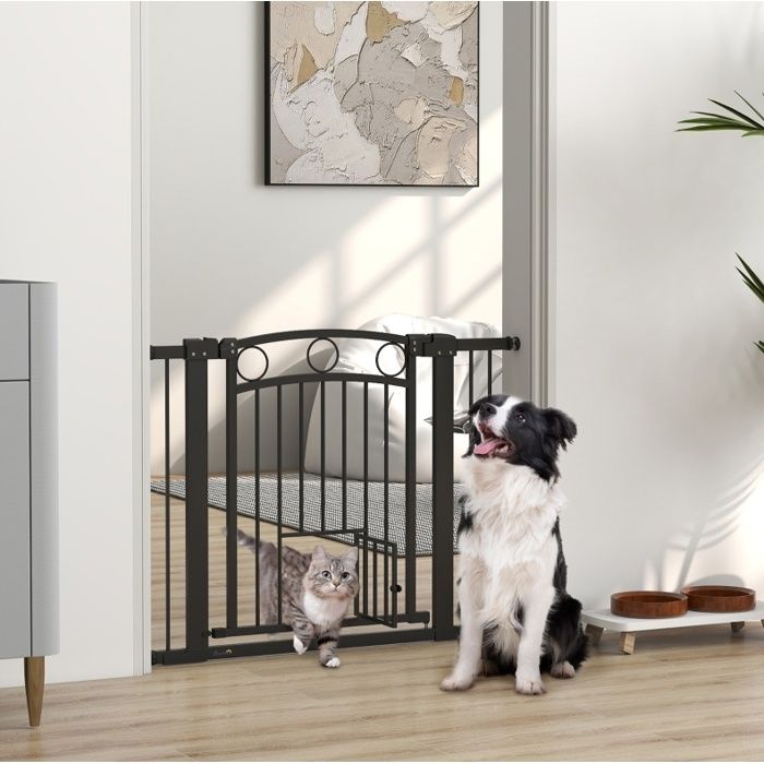 Barrière de sécurité pour animaux 77 cm noir largeur réglable 76-104 cm avec porte pour chat