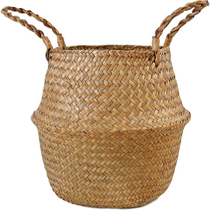 Panier en jonc de mer naturel pliable avec poignée - Cache-pot bohème 27 x 24 cm