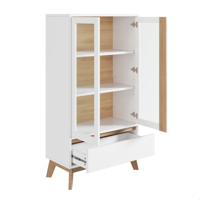 Buffet de cuisine scandinave EVRYAE 80 x 40 x 150 cm 2 portes 1 tiroir étagères réglables blanc aspect bois