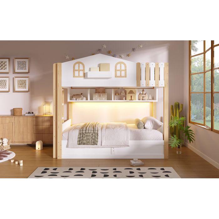 Lit superposé cabane enfant 90 x 200 cm EVRYAE avec LED rangement hydraulique échelle réversible blanc et bois
